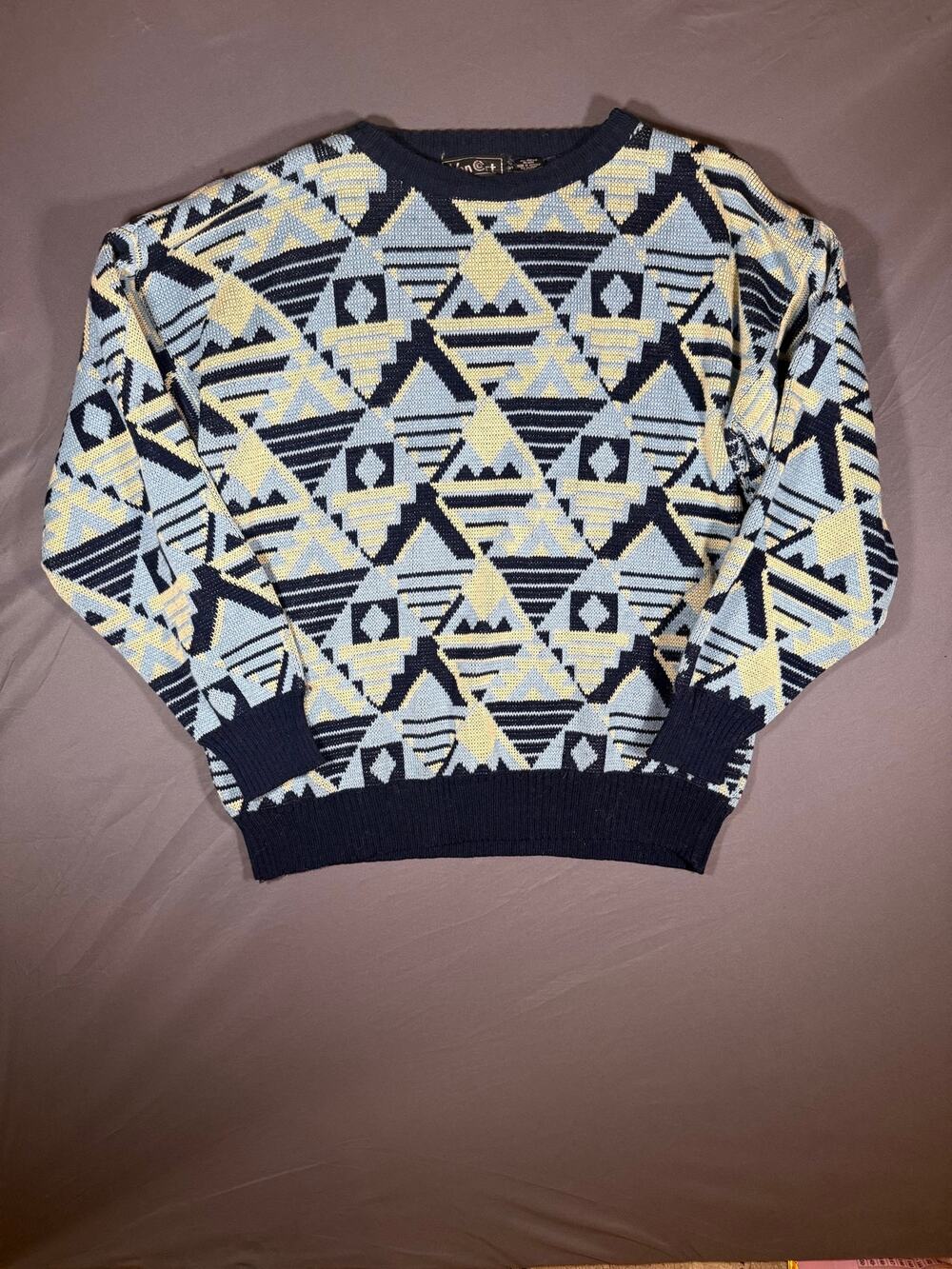 Vintage Van Cort Men’s Large Blue Geometric Knit Sweater Crewneck 90s